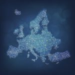 Europe map with network connections on blue background